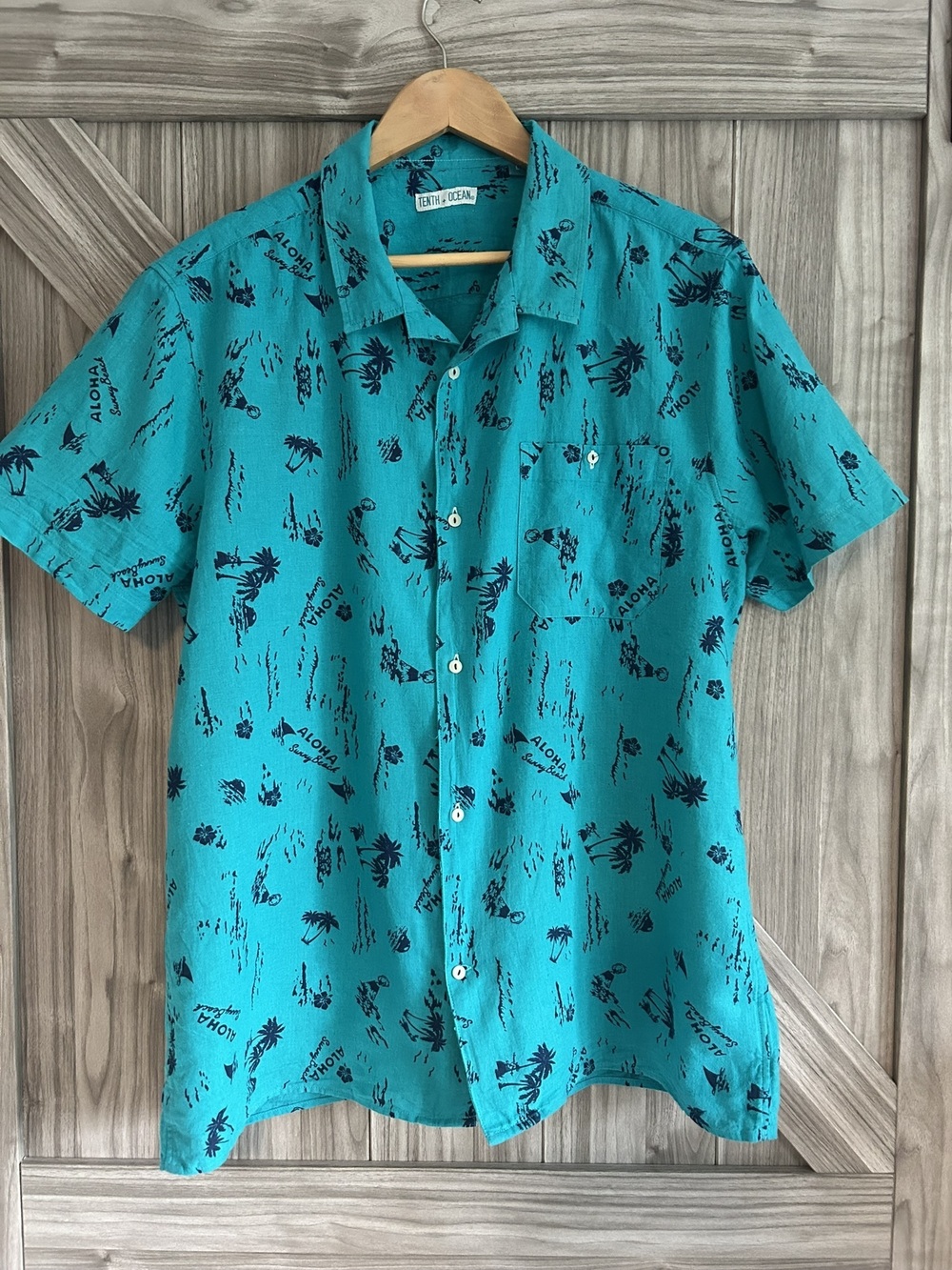 TENTH + OCEAN Teal Aloha Hawaiian Linen Cotton Button Up Shirt Short Sleeve L